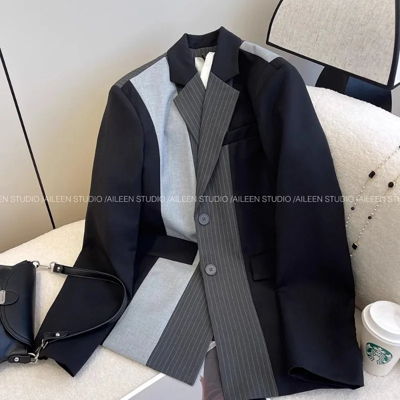 

Корейский стиль, модный лоскутный костюм контрастного цвета, полосатый кардиган с длинными рукавами и карманами на пуговицах и лацканами, топ