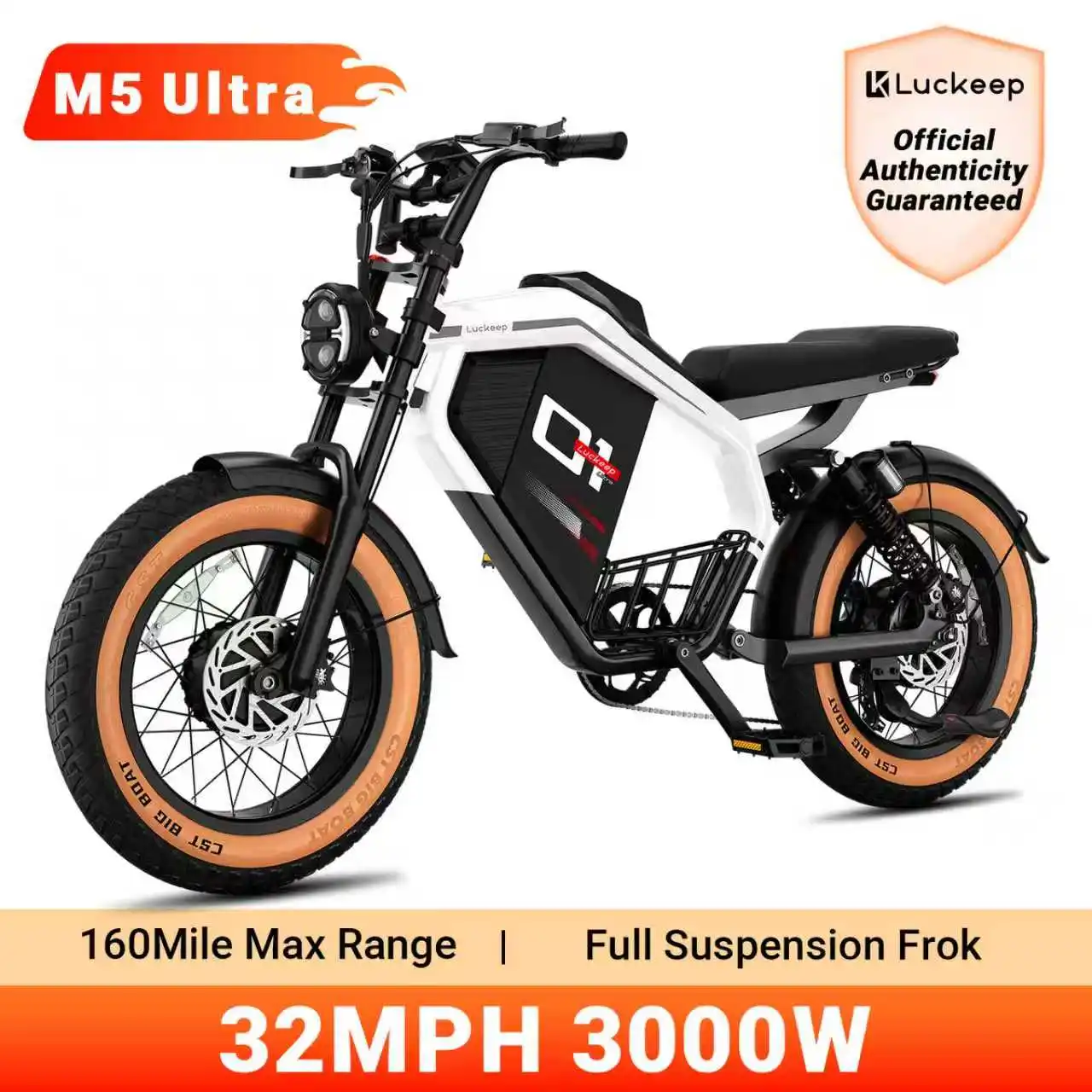 

Электрический велосипед Luckeep M5 Ultra для взрослых/подростков, двойной мотор пика мощностью 3000 Вт, двойной аккумулятор 52 В, 40 Ач, 160 миль, 32 миль в час