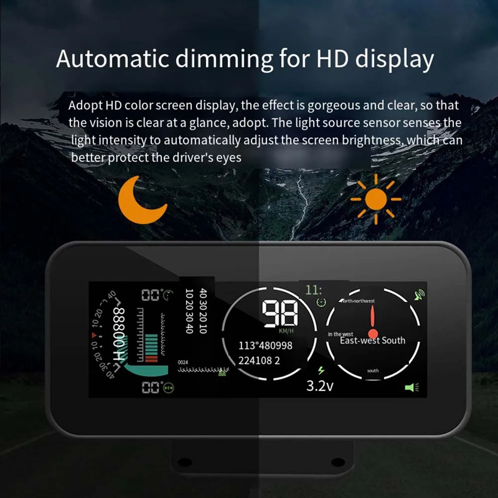 

Intelligent Inclinometer Car GPS HUD Speedometer Head Up Display Angle Compass Slope Meter Off-road Speed Tilt Pitch