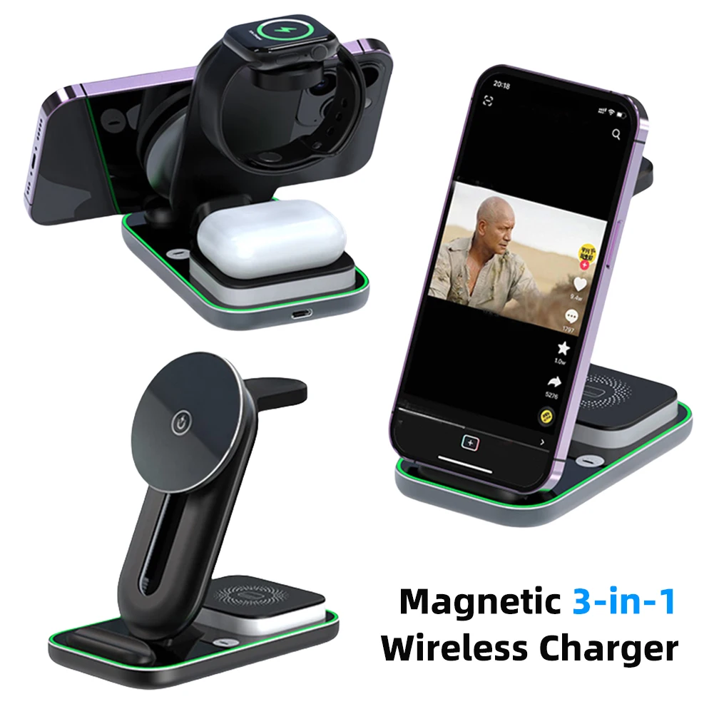 3-in-1 magnetisches kabelloses Ladegerät, verstellbare 15 W Schnellladestation mit Touch-Nachtlicht für iPhone, Apple Watch, Airpods