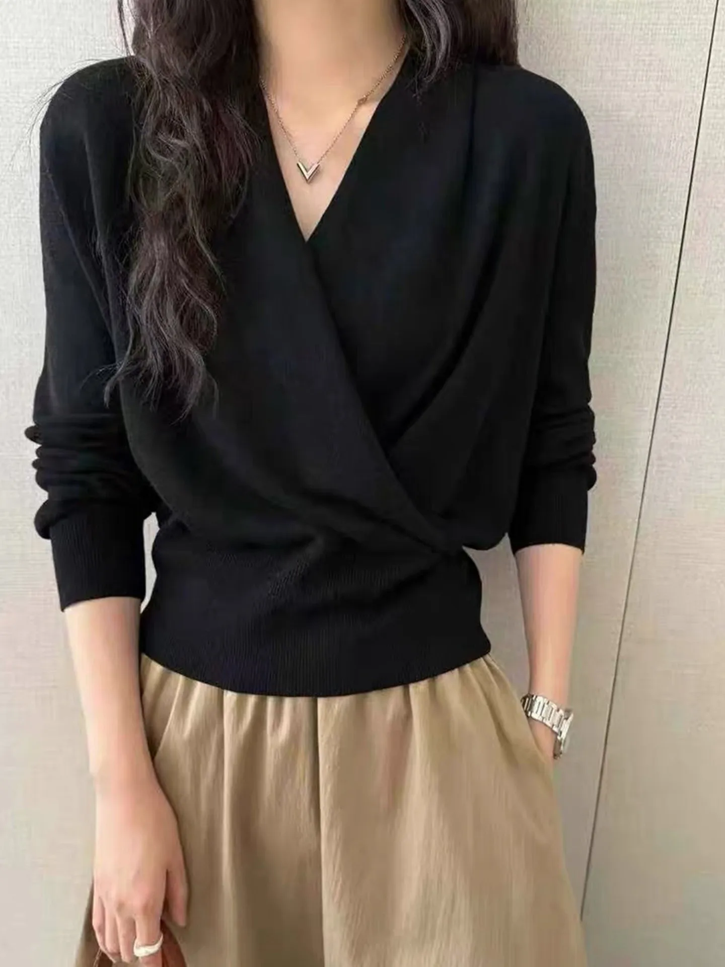 Elegant Cross V-Neck Long Sleeve Knitted Shirt Pure Color Autumn Beauty Versatile Light Maturity Style Ladies Fashion
