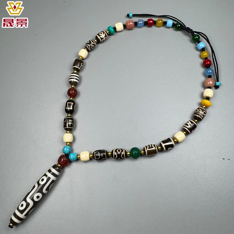Black And White Patina Nine-Eye Natural Agate Dzi Full Bead Multi-Treasure Necklace Collarbone Chain