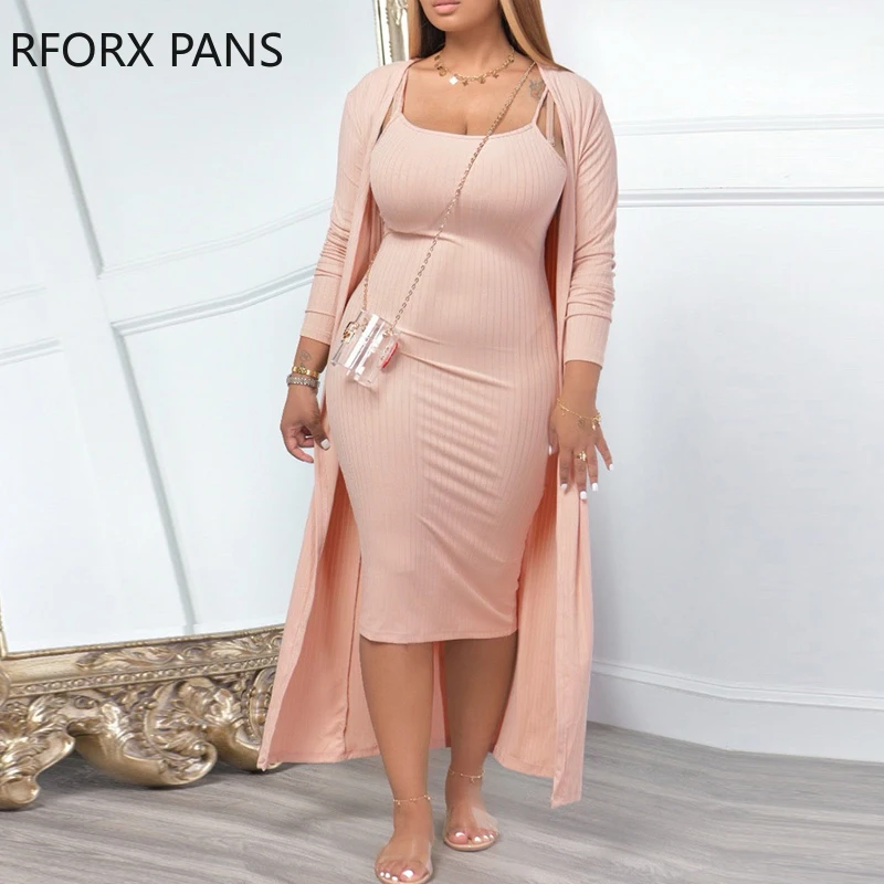 

Women Chic Casual Cardigan Spaghetti Straps Dress Inside Long Sleeves Rib-knit Bodycon Midi Dress Sets