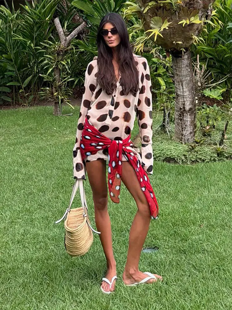 2026 Women Chic Vacation Outfits Fashion Leopard Print Sheer Chiffon Shirt Casual Turn-down Collar Mini Dress & Detachable Scarf 6 2026 Women Chic Vacation Outfits Fashion Leopard Print Sheer Chiffon Shirt Casual Turn-down Collar Mini Dress & Detachable Scarf 6