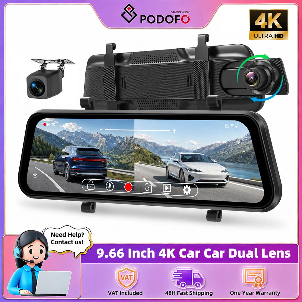 Podofo 9,66 Zoll Auto-Rekorder IPS Touchscreen Auto-Dual-Lens-Dashcam HD Rückspiegel Auto-Blackbox mit 1080P Rückfahrkamera + Gravitationssensor