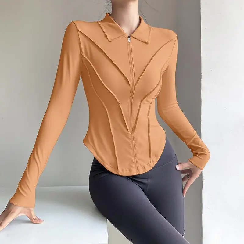 レディース ヨガ フィットネス ランニング ジャケット 襟付きステッチデザイン スポーツトップ 通気性ナイロン UPF+ 日焼け防止 取り外し可能なフード