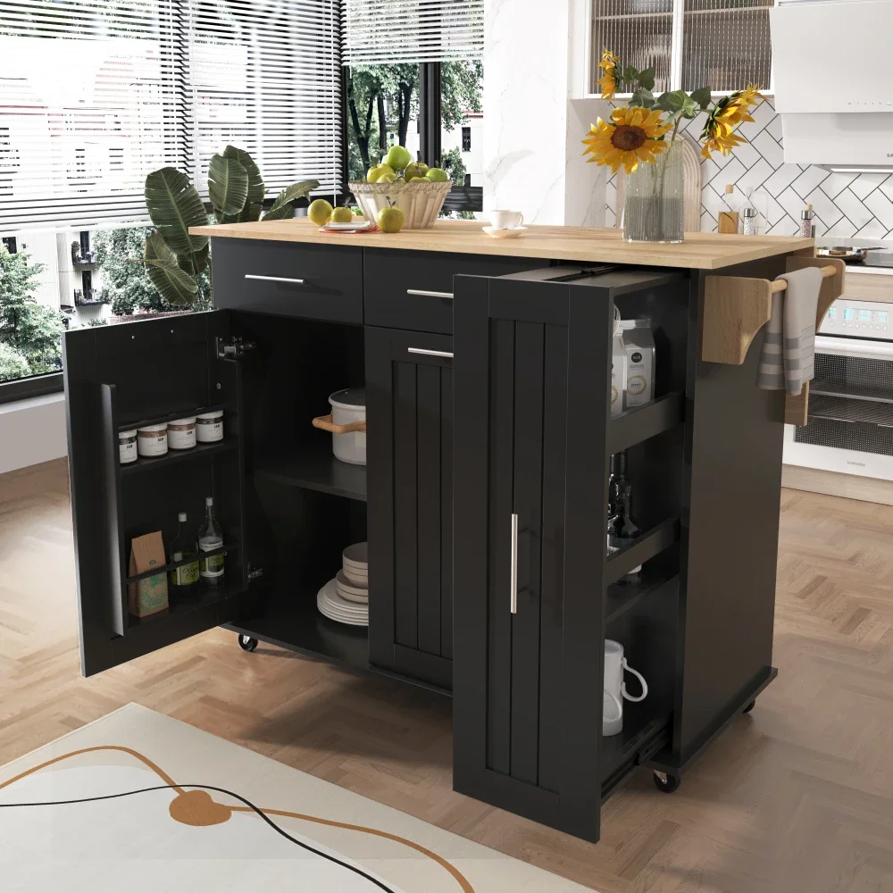 Kitchen Island with Drop Leaf Kitchen Storage Cart with 3 Tier Pull Out Cabinet Organizer Bar Cart Wheels Kitchen Black Trolleys