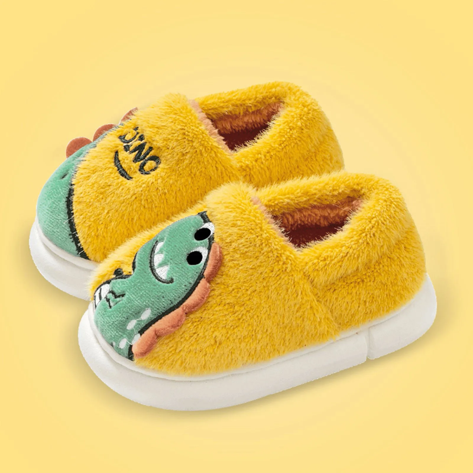 Winter Children Classic Cartoon Dinosaur Embroidered Plush Slippers Boys Girls Soft Soled Non-slip Warm Indoor Kids Cotton Shoes