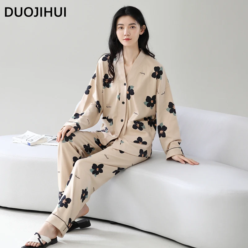 Duojihui Mode Bloemenprint Losse Vrouwelijke Pyjama Set Herfst Nieuwe Klassieke Zak Basic Eenvoudige Zachte Casual Thuis Pyjama Voor Dames