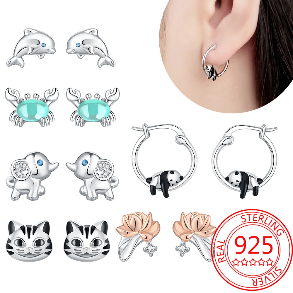 Summer 925 Sterling Silver Animal Panda Earrings Green Coloured Glaze Crab Stud Earrings for Women Beach Party Jewelry Gifts