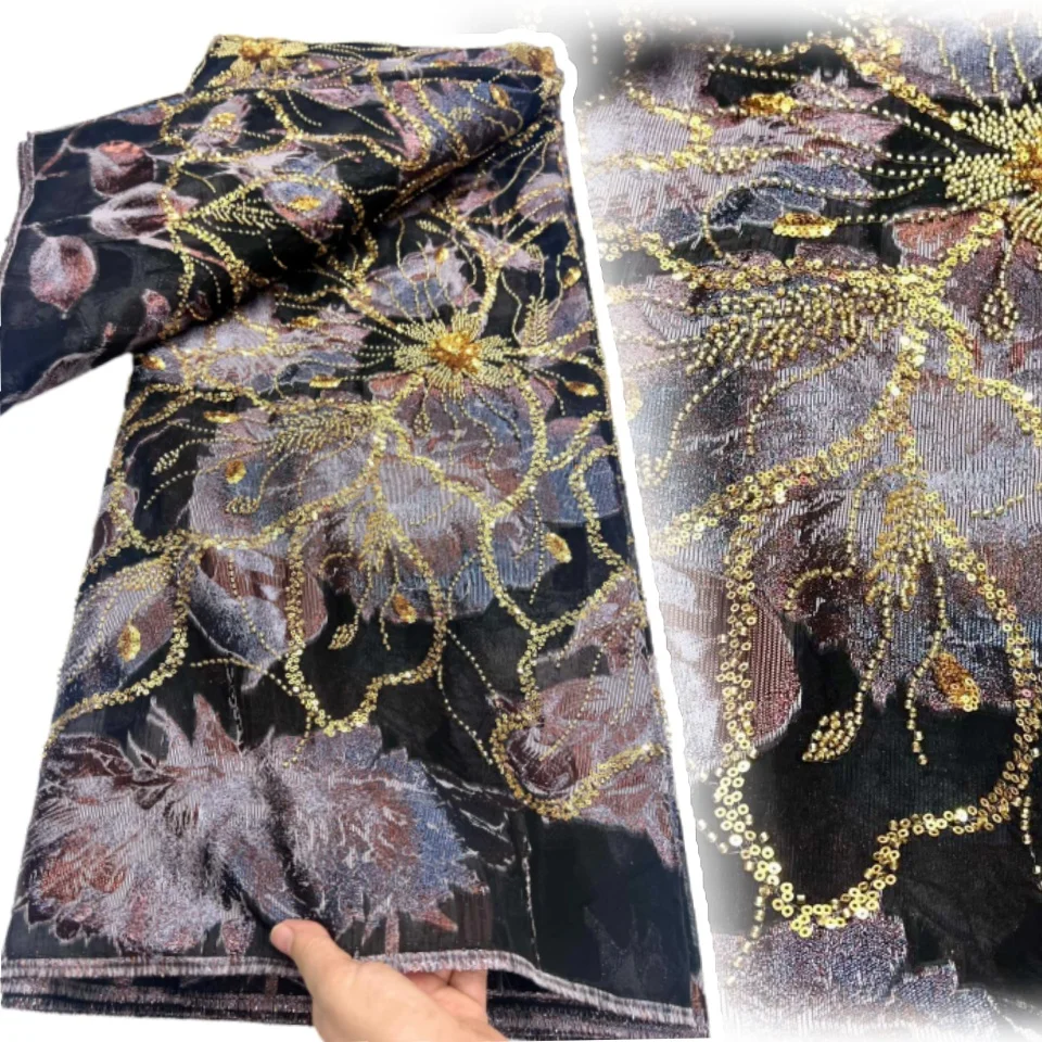 

New Design Beaded Jacquard Lace Fabric Brocade Embroidery French Tulle Lace African Organza Lace Fabric for Wedding Dress SZ1325