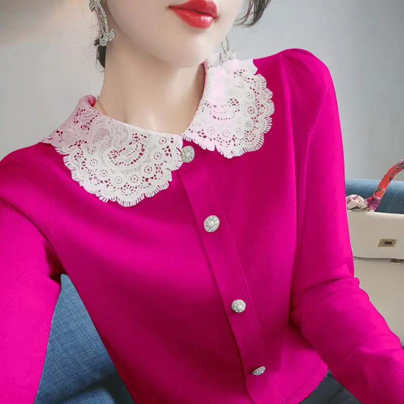 Sweet Peter Pan Collar Button Knitted Spliced Lace Blouse Female Clothing 2022 Autumn New Loose Casual Pullovers Korean Shirt