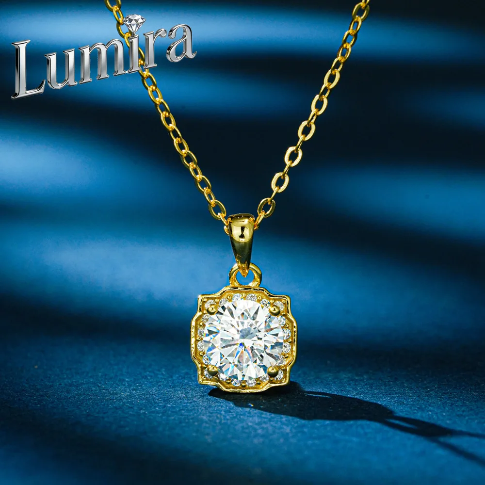Lumira Womens 18K Gold Square Scalloped Edge Halo Pendant Necklace, Brilliant Moissanite Dainty Chain Necklace for Daily Wear