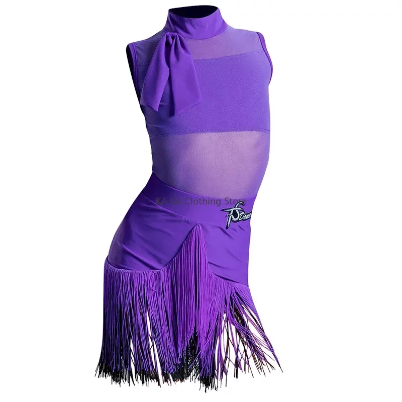 Child Latin Dance Dress Girls Cha Cha Dance Costume Fringe Dress Purple Kids Latin Competition Dress Samba Practice Wear