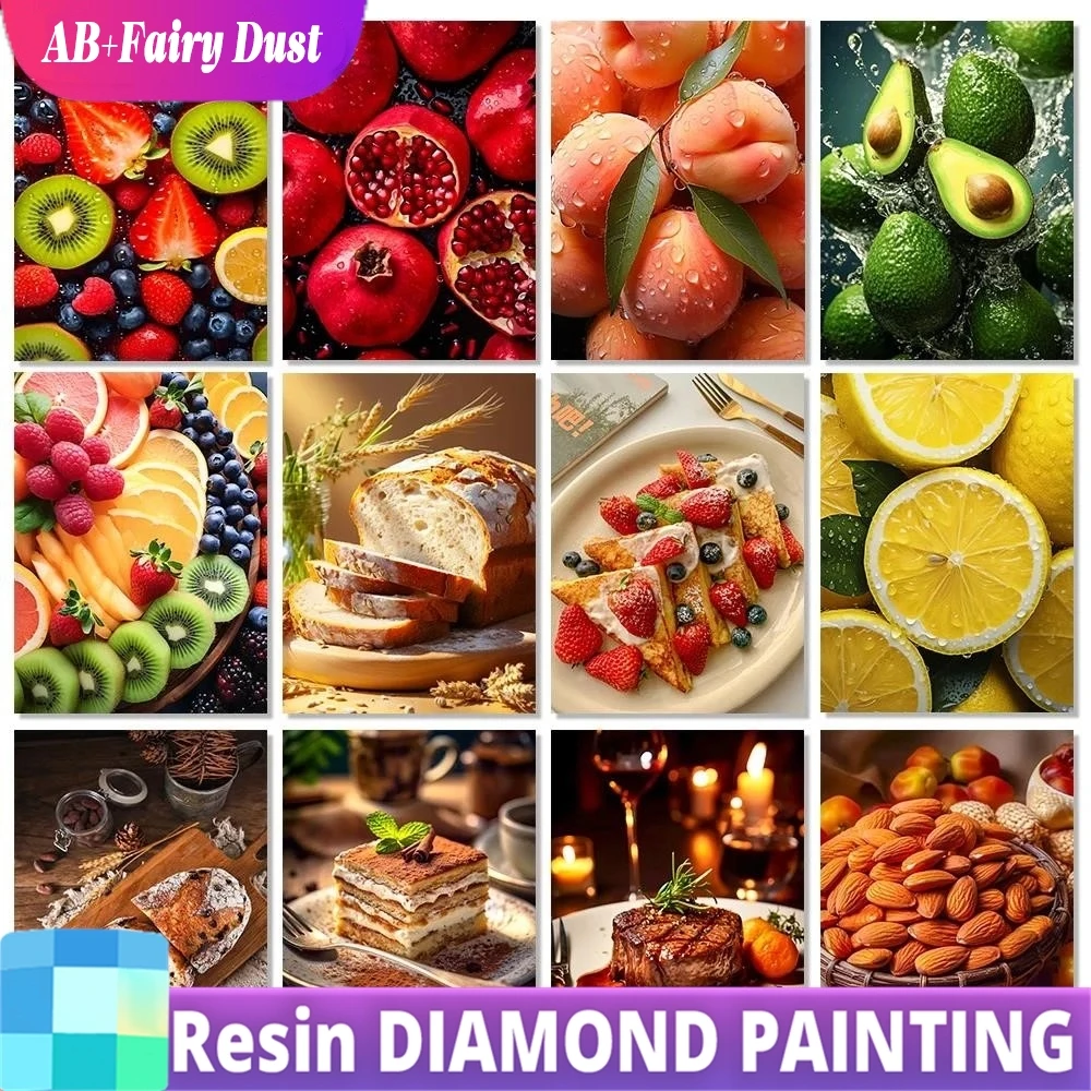 الراتنج الجنية الغبار AB 5D DIY الغذاء الماس اللوحة الفاكهة القهوة الخبز كامل فسيفساء المطرزة المشهد عبر مجموعة ديكور فني للمنزل