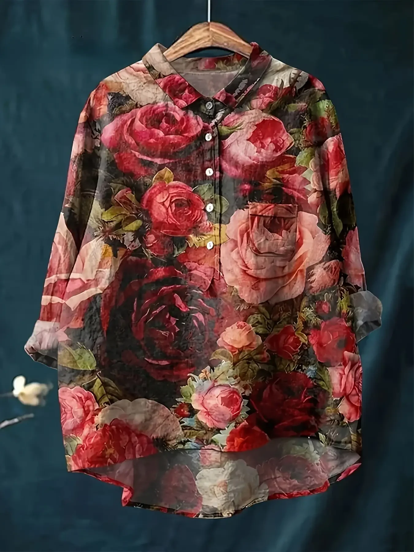 

Passionate Rose Women's Top Women's Casual Loose Edition Flower Printed Button Up Shirt - plain shirt
