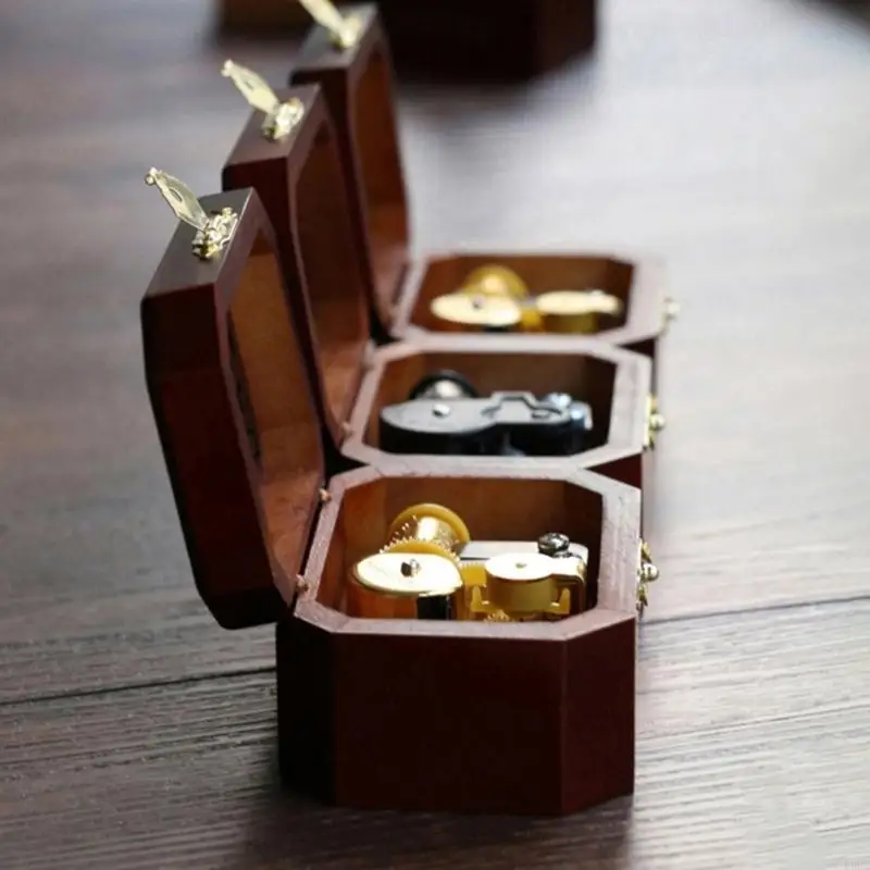  Wooden Carving Mini Music Box with Manual Operate Wind Up Musical Box for Bedroom Ornament and Birthday Christmas Gift