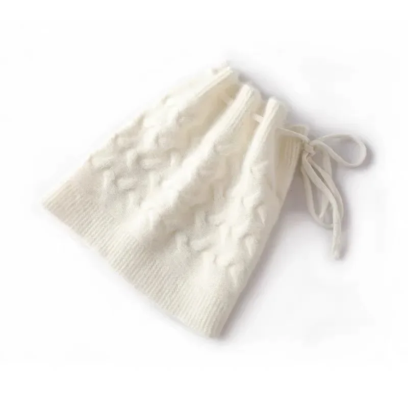 100% Pure Wool Knit Beanie - Convertible Headband & Neck Warmer with Drawstring, Winter Warm Skull Cap