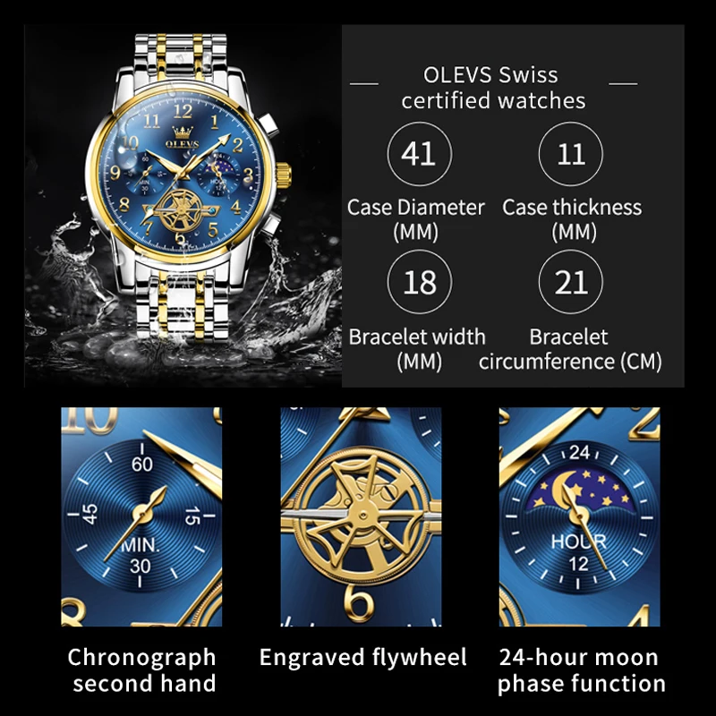 OLEVS Men\'s Watches Engraved Flywheel Original Quartz Watch for Man Chronograph 24 Hour Display Moon Phase Waterproof Luminous