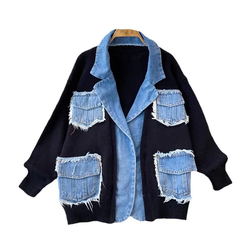 2023 Fashion Personalized Knitted Patchwork Denim Jacket Women\'s Autumn Winter Loose Lazy Style Sweater Blazer Cardigan Z4088