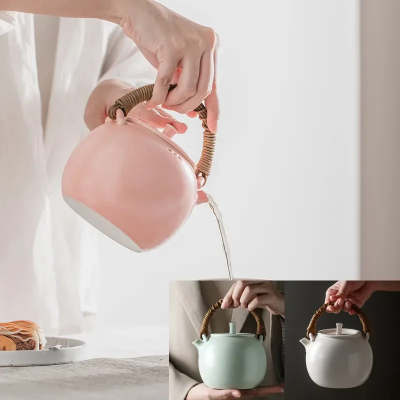 Handmade Rattan Handle Electric Ceramic Kettle Soda Glaze Teapot White Powder Finish Boiling Pot with Gift Box for Tea Lovers