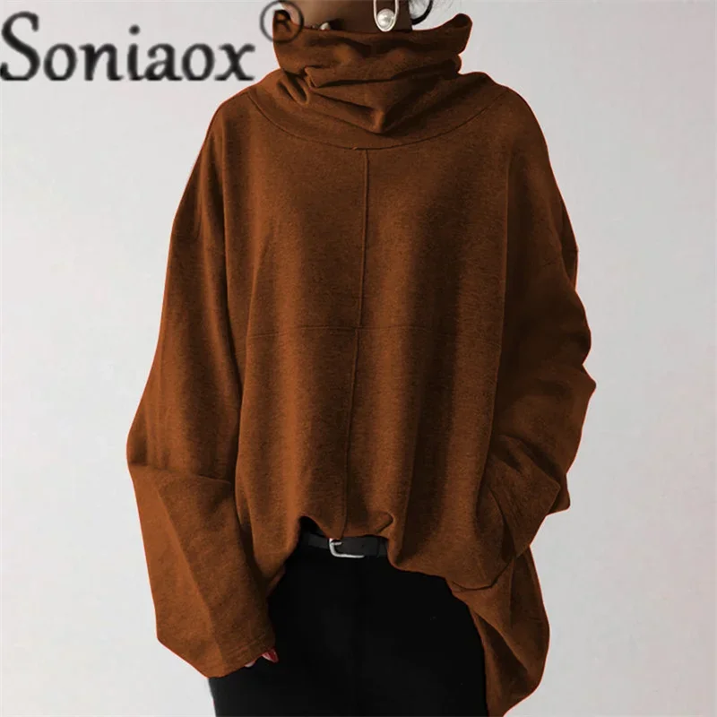 Women\'s Turtleneck Loose Solid Color Sweatshirt Autumn Winter Long Sleeve Pocket Hoodie Casual Outerwear Ladies Trend Streetwear