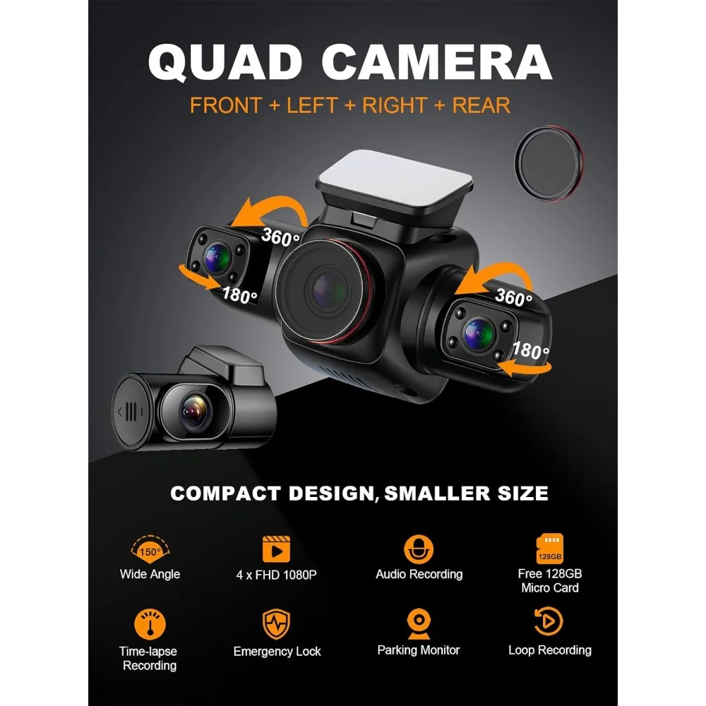 PRUVEEO عرض 360 درجة 4 قنوات كاميرا داش أمامية وخلفية داخل يسار يمين، كاميرا داش للسيارات مع CPL، نظام تحديد المواقع المدمج WiFi Ni