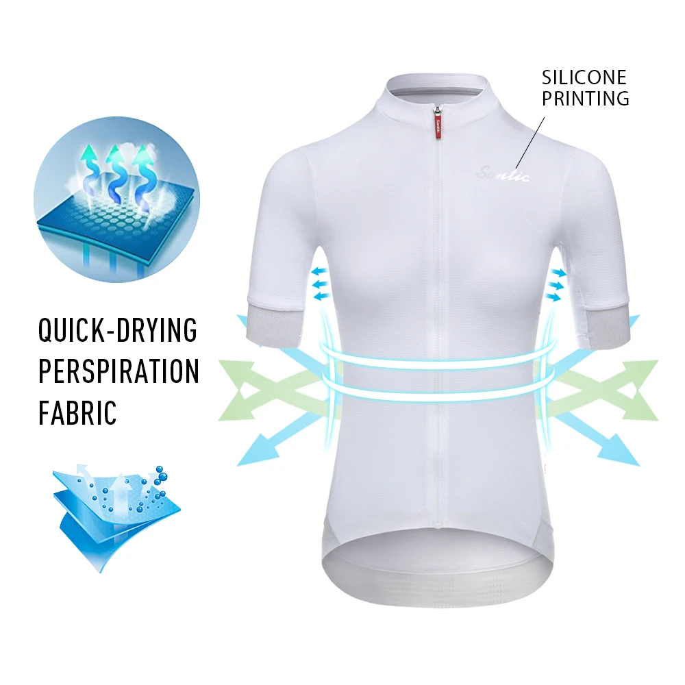 Santic Summer Women Cycling Jersey Short Sleeve White Road Bike Clothing Top Quick Dry Reflective Shirt Sportswear Asian Size