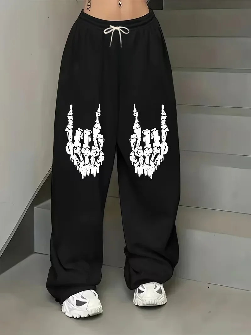 Unisex Quick Drying Casual Sports Pants Street Fashion American Retro Skeleton Hand Scratch Design Loose Fit for Adults And Kids