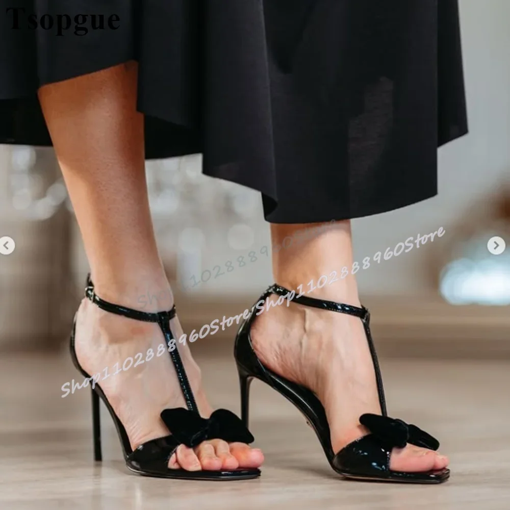 

Black Patent Leather T Strip Bowknot Sandals Thin High Heel Shoes For Women Ankle Buckle Strap Open Toe Gorgeous Women Sandals