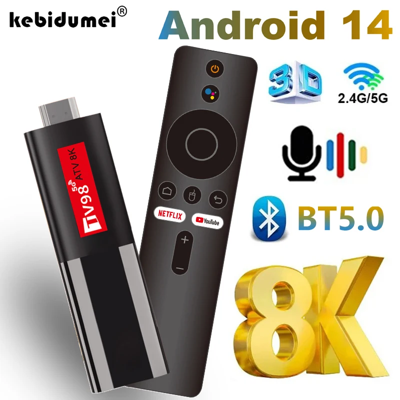 Smart TV Stick para ATV, Android 14, Suporta HD, Vídeo 8K, 4K, BT5.0, WiFi 6, Allwinner H618, Quad Core, Cortex, A53, controle remoto de voz