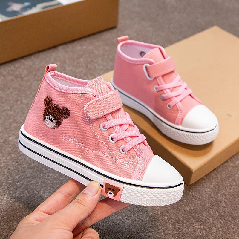 Children Canvas Shoes Boy Girl Casual Shoes Soft Bottom Bear Pattern High-top Casual Running Shoes Kids Breathable Flat Sneakers