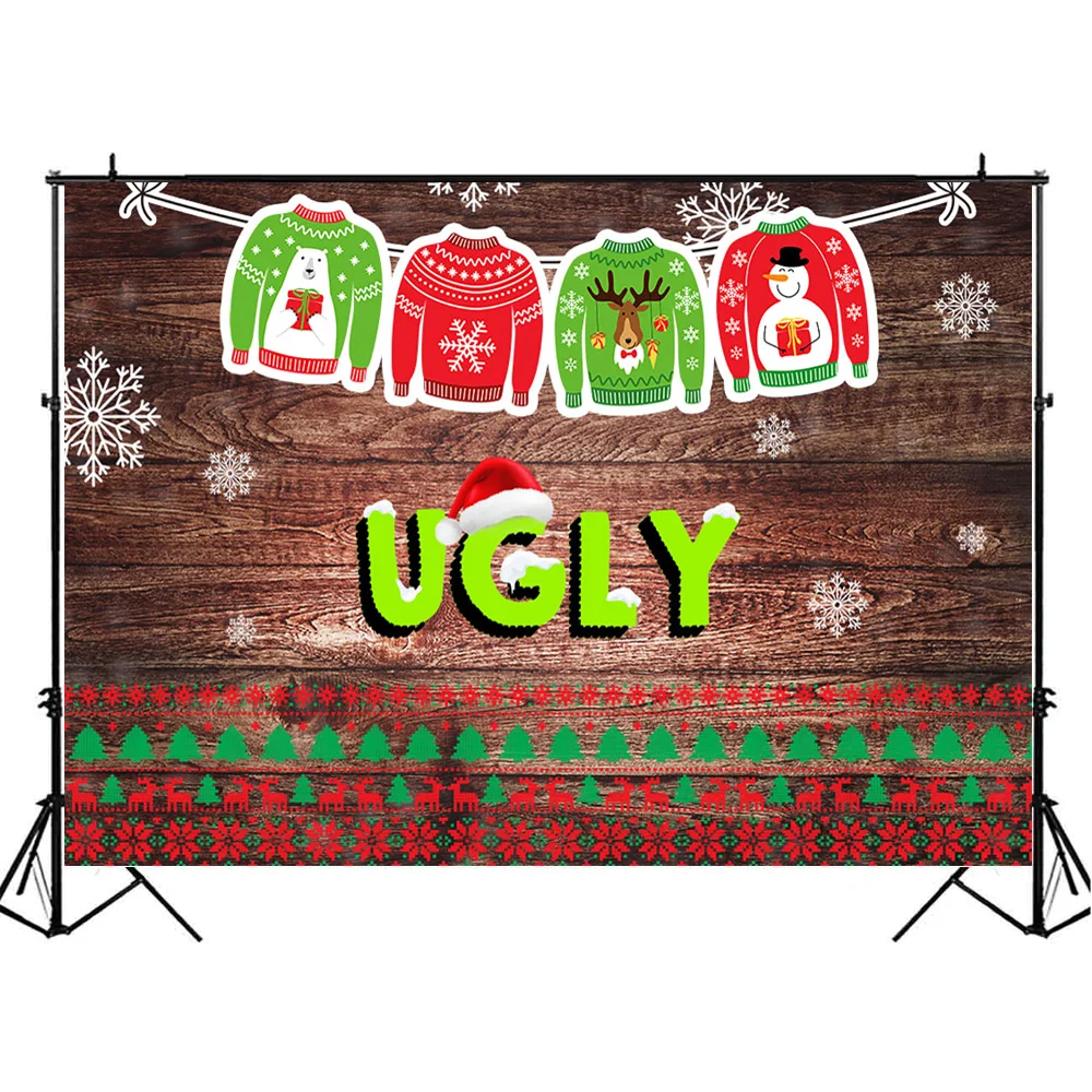 Mocsicka ไม้ Ugly Sweater Party ฉากหลังสำหรับถ่ายภาพฤดูหนาวเกล็ดหิมะคริสต์มาสพื้นหลังโปสเตอร์ Decor Photo Studio