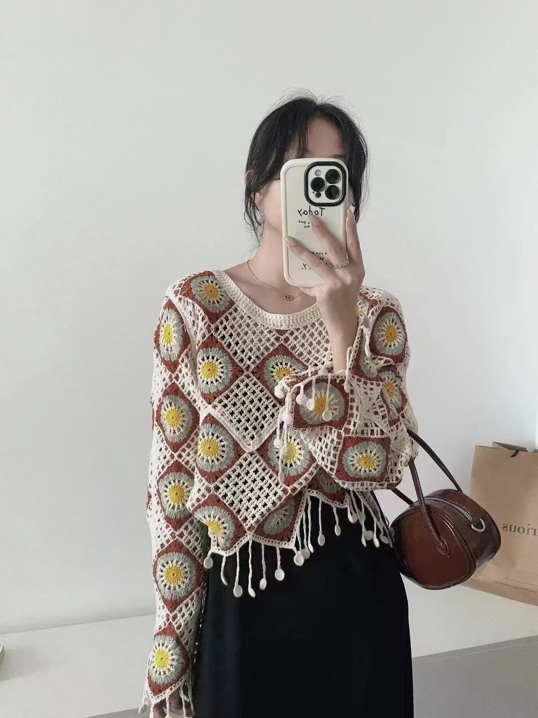 Women Granny Square Crochet Top Fringed Long Sleeve Openwork Knit Pullover Sweater Boho Beach Cover Up Boho Spring Summer 2026