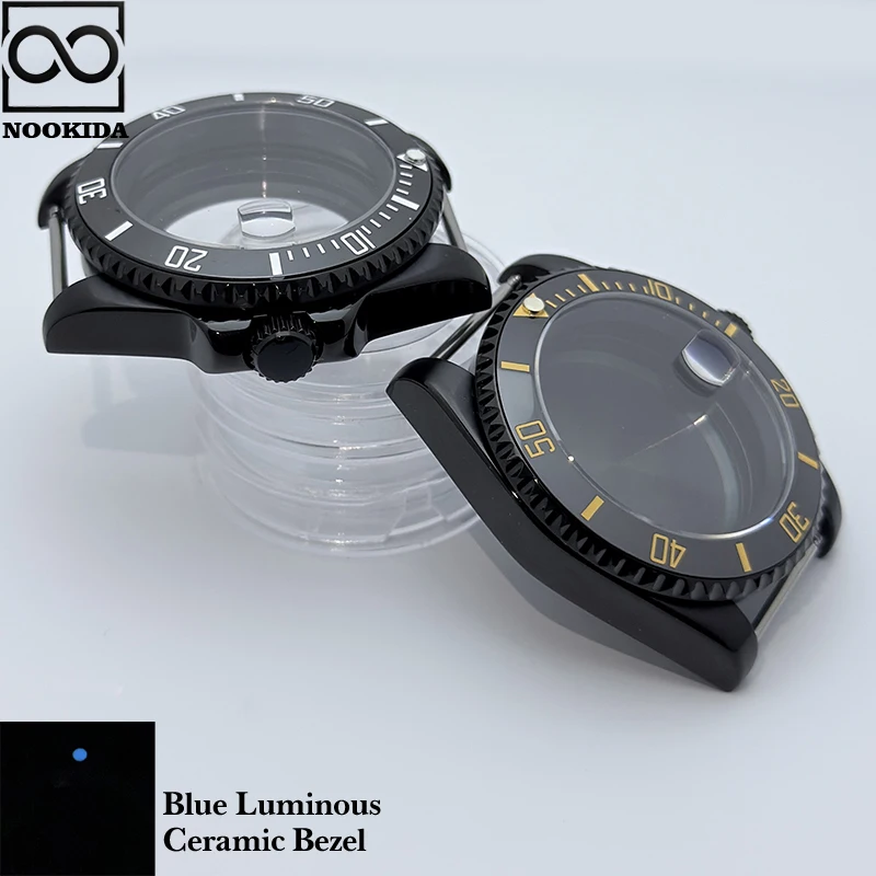 NOOKIDA Glossy Black 40mm Diver Waterproof Black GMT Ceramic Bezel Fit for NH34 NH35 NH36 Movement Sapphire Glass Watch Case