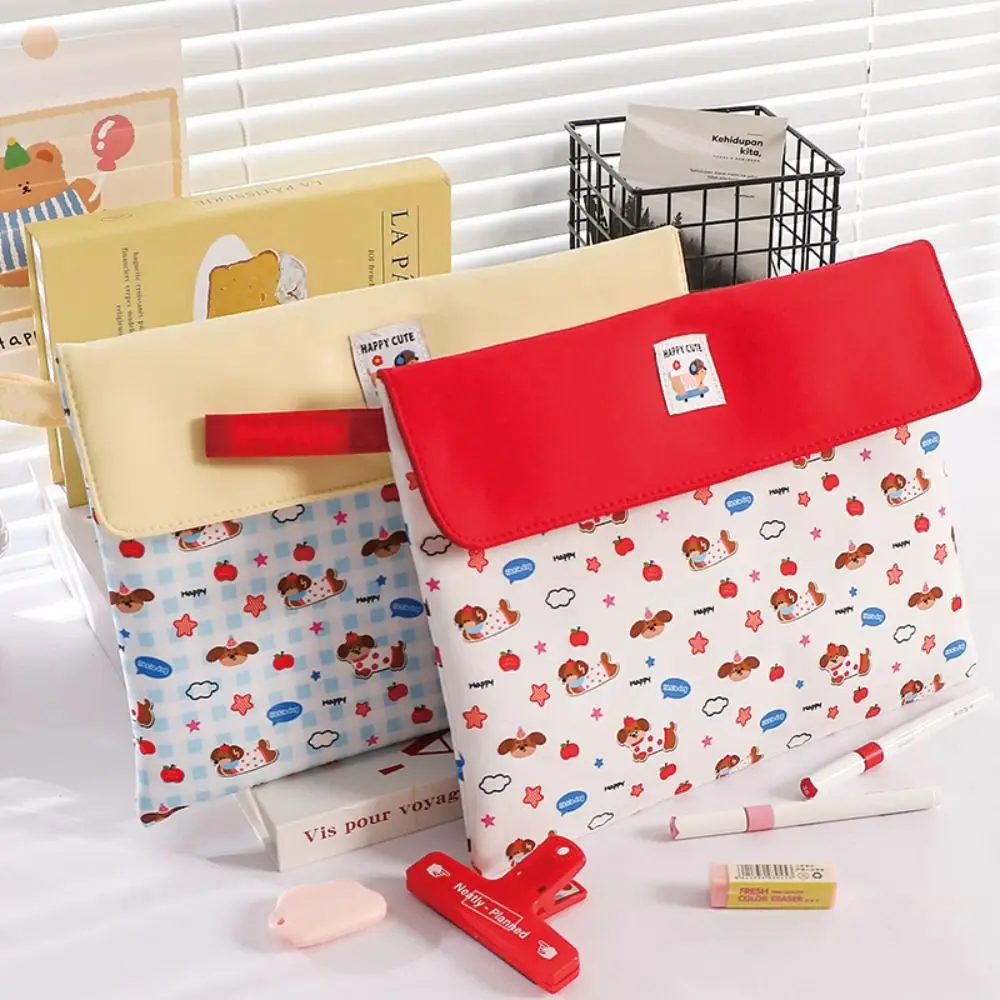 

Washable Puppy Pattern File Bag Snap Button Handheld Storage Bag Large Capacity Double Layers File Organizer Gift