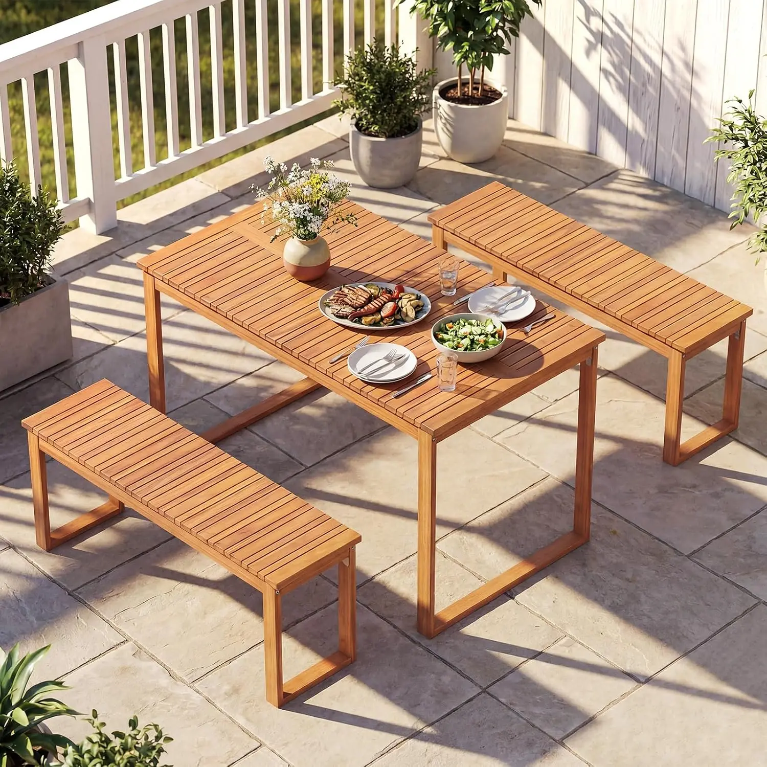 3 Pieces Patio Wooden Dining Set, Acacia Wood Rectangular Picnic Beer Table with 2 Benches for 4 People, Outdoor, Customized