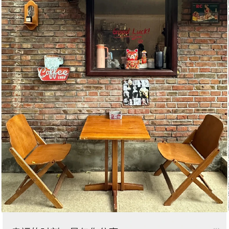 

Retro tables and chairs teak color shooting outside pendulum portable simple folding chair balcony camping coffee table dessert