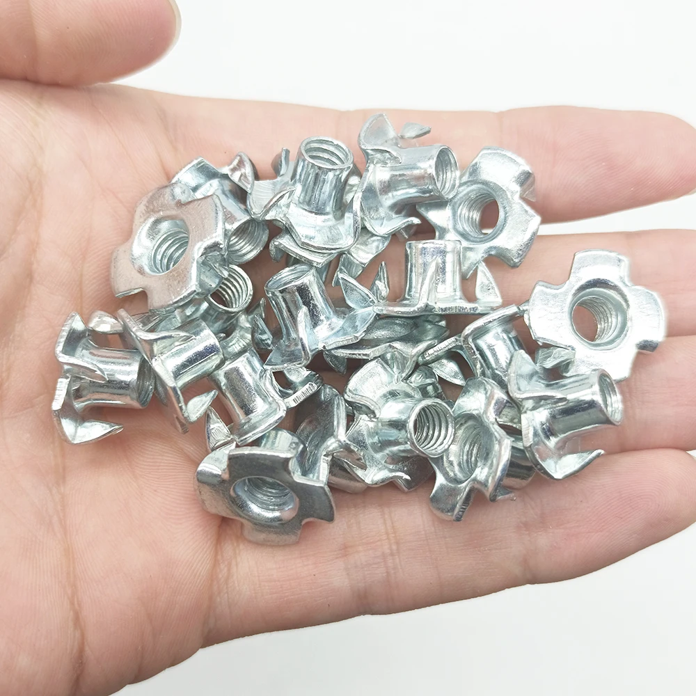 

10/20/30pcs 4-prong Tee Nut Assortment. Sizes: 1/4"-20, 5/16"-18, 3/8"-16. Blind Pronged Insert T-nuts for furniture hardware.