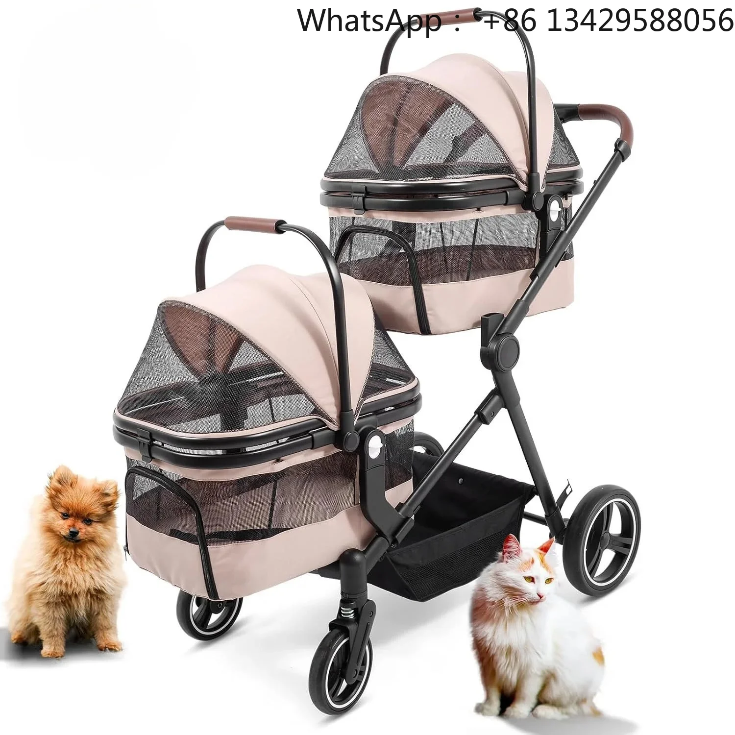 Double Layer Cherry Blossom Pink 4-Wheel Pet Stroller for Dogs & Cats with Removable Carrier Black