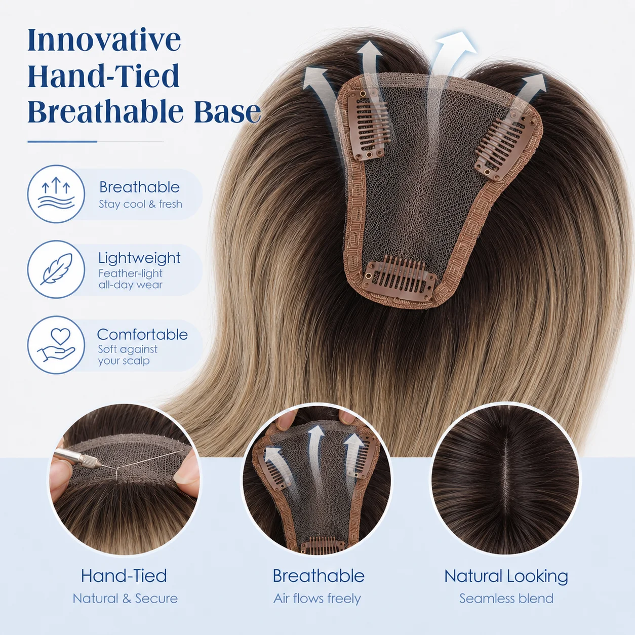 100% Remy Human Hair Lace Base Topper 12 Inch Straight Honey Brown Ombre Middle Part Clip In Hair Pieces for Women Thinning
