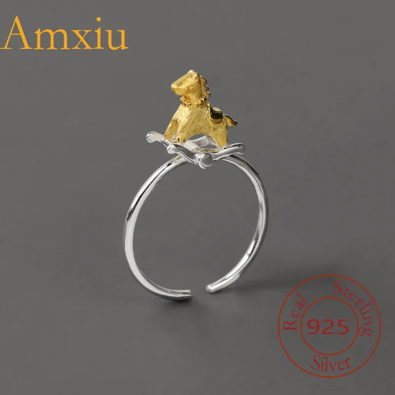 Amxiu Sterling Silver 925 For Game World Pure Silver Adjustable Ring Childlike Style Exquisite Cute Fun Swingable Rocking Horse