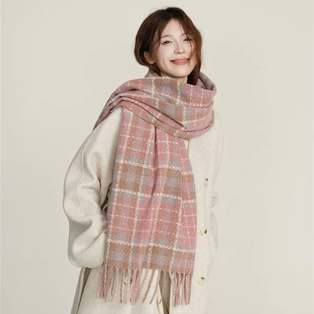 Fashion Winter Warm Tassel Plaid Scarfs Solid Cashmere Imitation Shawl Wrap Nordic Style Pashmina for Women Girls