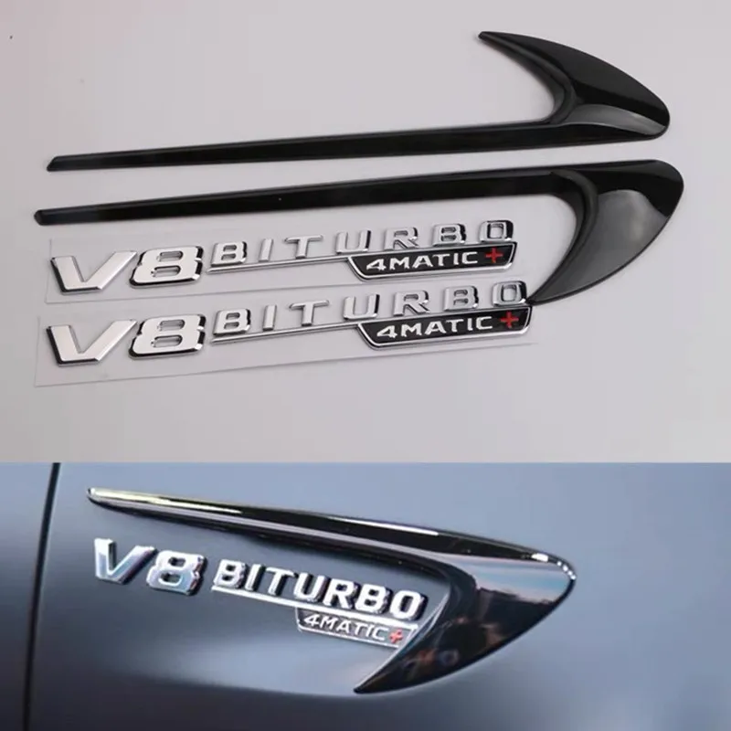 

2 шт., эмблема на крыло, логотип V8 BITURBO 4MATIC + для Mercedes Benz AMG V8 C200 C300 E300 E400 W213, боковые наклейки на автомобиль