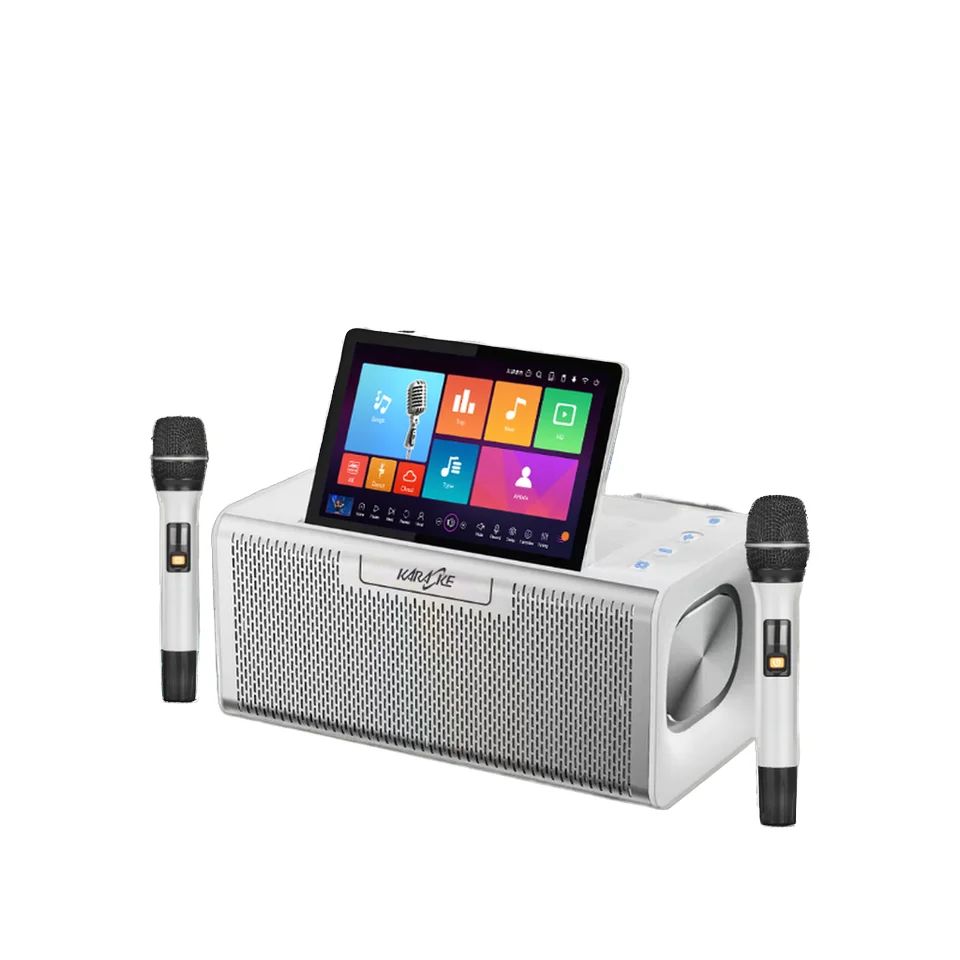 All in One White Plastic Karaoke System with 10.1 Inch Touch Screen Player Two UHF Wireless Microphones and Six Unit Surround