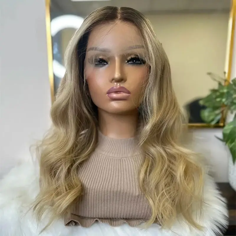 Party Wig Ombre Golden Blonde Balayage Wig with Ash Brown Roots Heat Resistant Fiber Synthetic Hair HD Lace Glueless Jewish Wigs