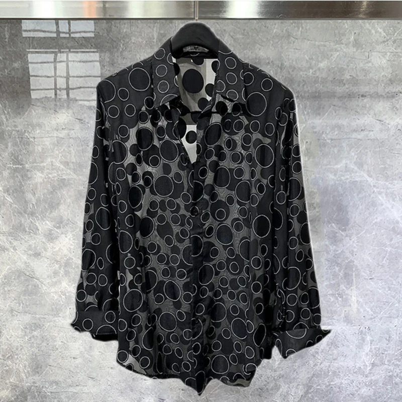 Fall High-end Round Dot Half Transparent Loose Men Shirt Slim Fit Long Sleeve Shirts For Men Dark Design Hairstylist Shirt Men