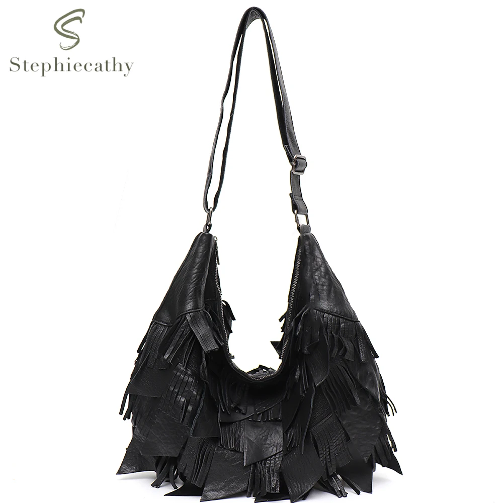 

SC Women Natural Cow Skin Hobo Handbags Boho Style Retro Tassel Purses Genuine Leather Patchwork Large Shoulder Crossbody Bags