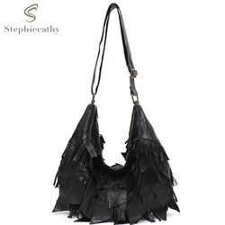 SC Women Natural Cow Skin Hobo Handbags Boho Style Retro Tassel Purses Genuine Leather Patchwork Large Shoulder Crossbody Bags