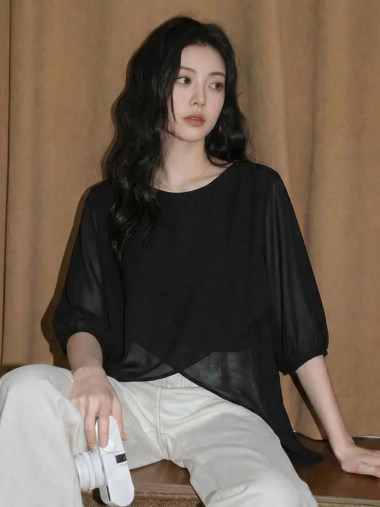 

Elegant Black Chiffon Shirt Women's Summer 2026 New plus Size Loose Slimming Top Korean Style Commute Fashion round Neck Five...